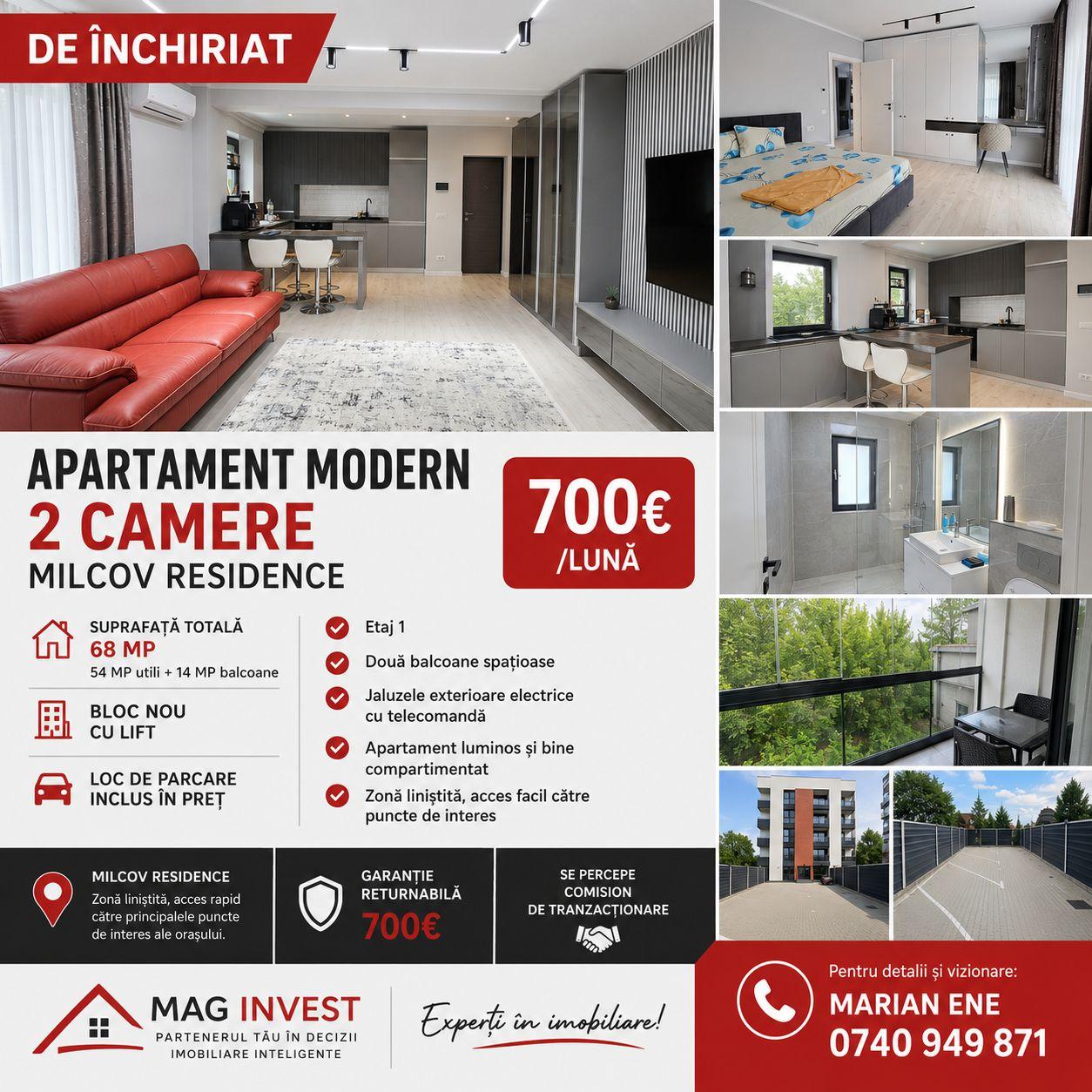 De inchiriat apartament cu 2 camere, Milcov Residence, et. 1, 700 euro - 1
