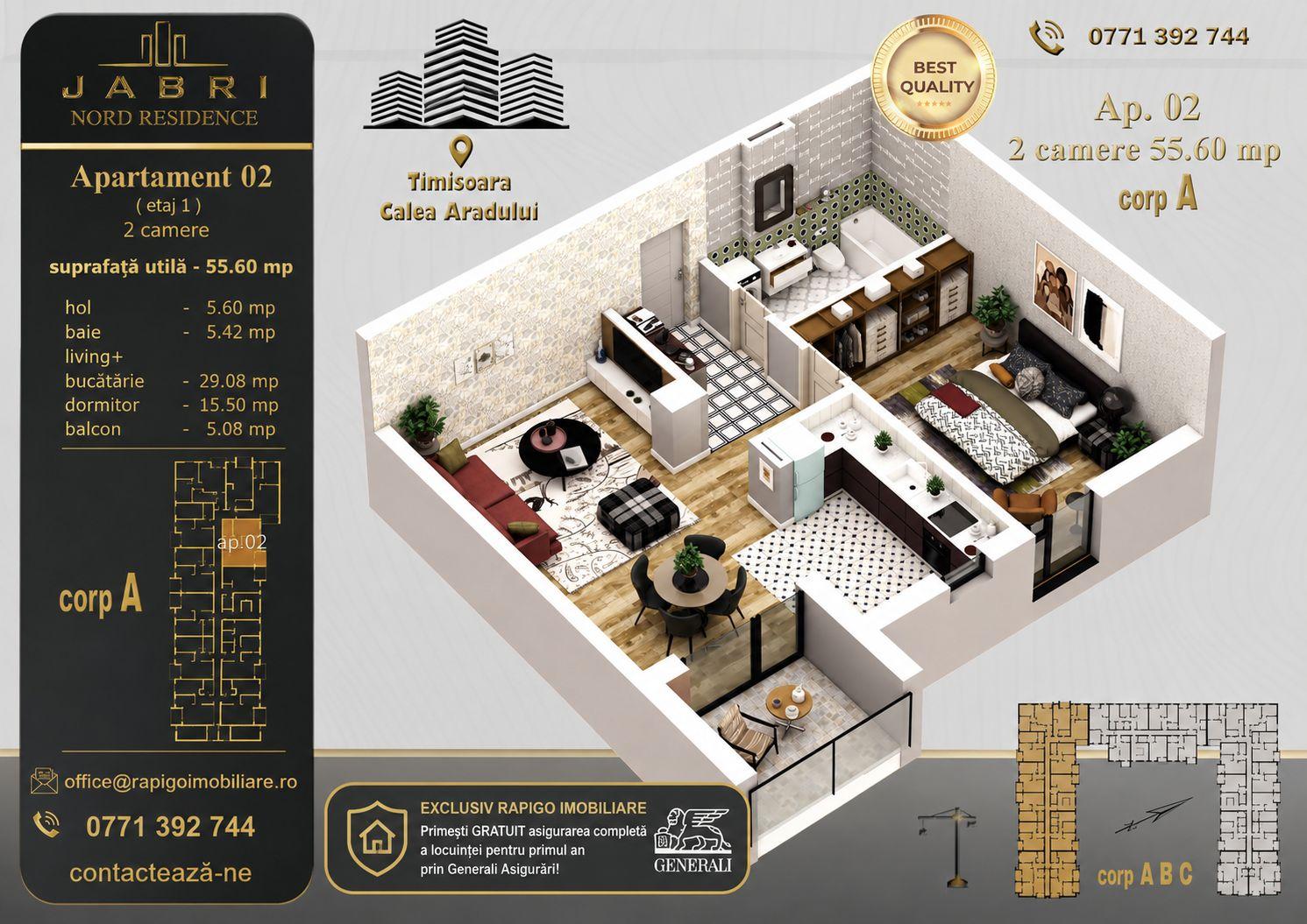 Apartament 02A, Corp A – 2 camere | 55,60 mp | Jabri Nord Residence - 1