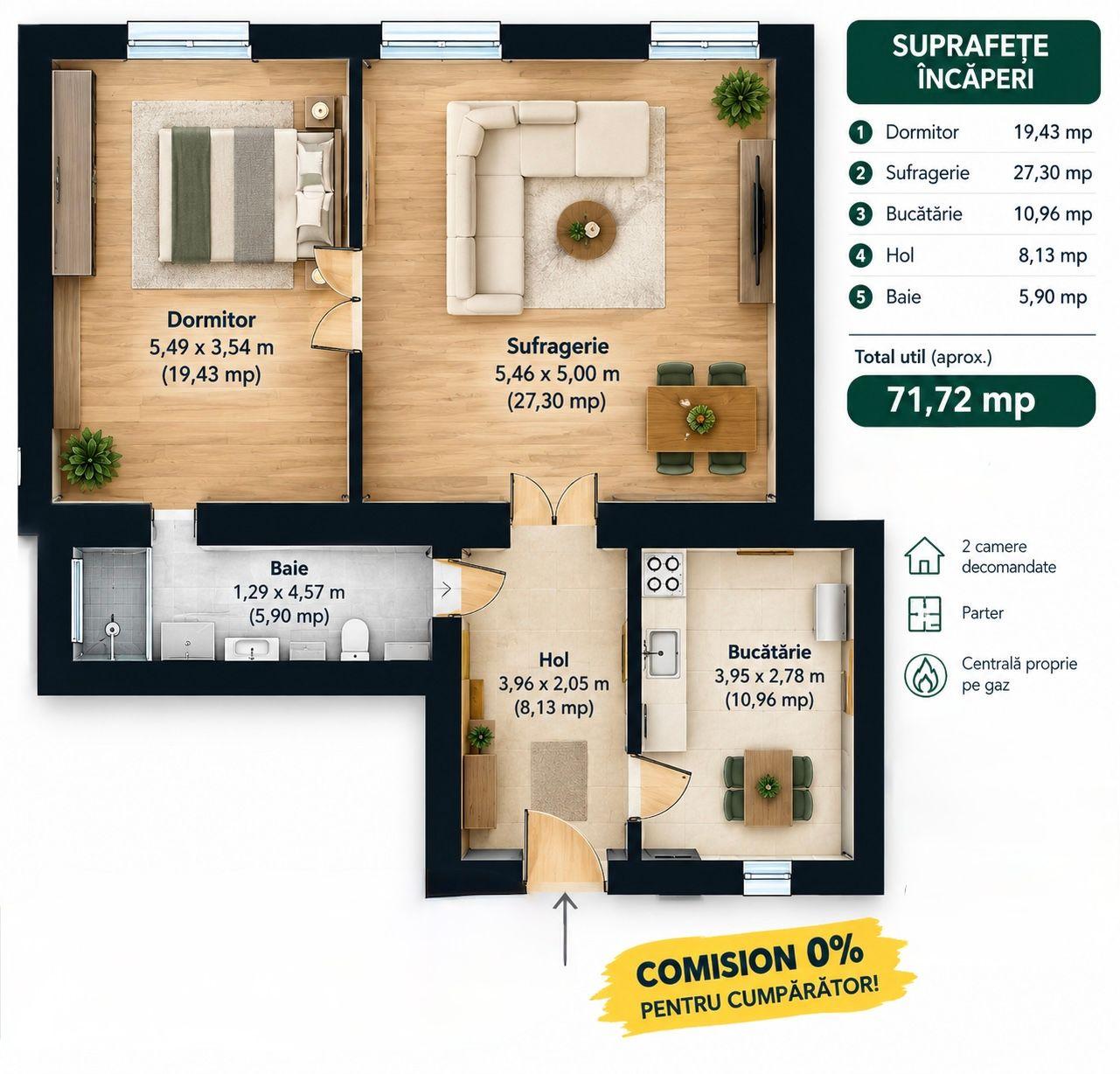 Apartament cu 2 camere la parter in Piata Catedralei Comision 0 - 7
