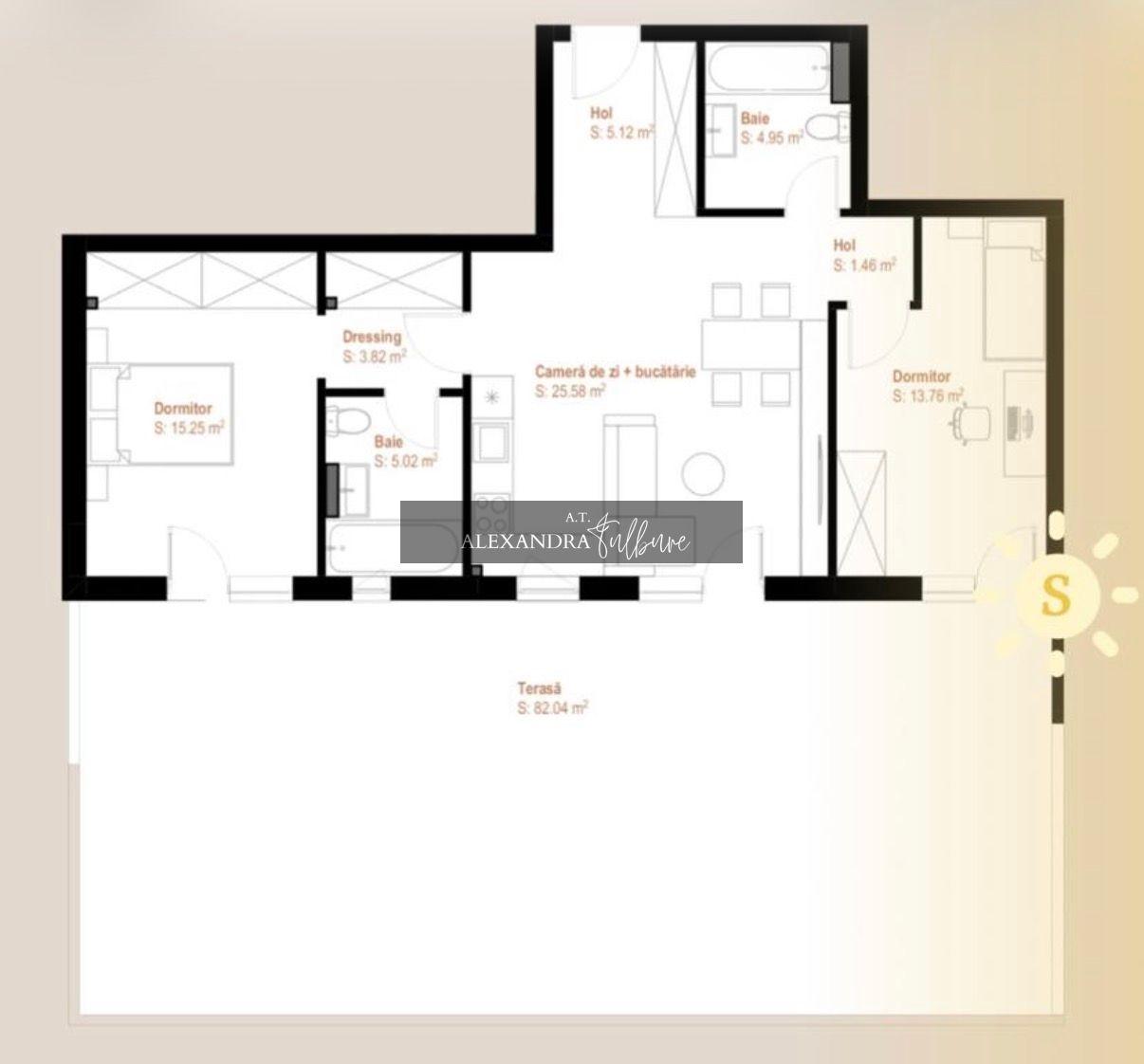 Apartament 3 camere, 2 bai, 75 mp, terasa 82 mp, garaj - 20