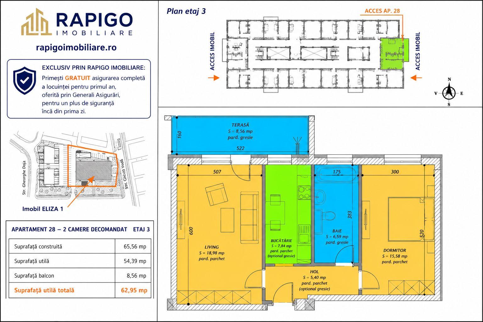 Apartamentul nr. 28 | 2 camere decomandat | Etaj 3 | Terasă 8,56 mp | - 1