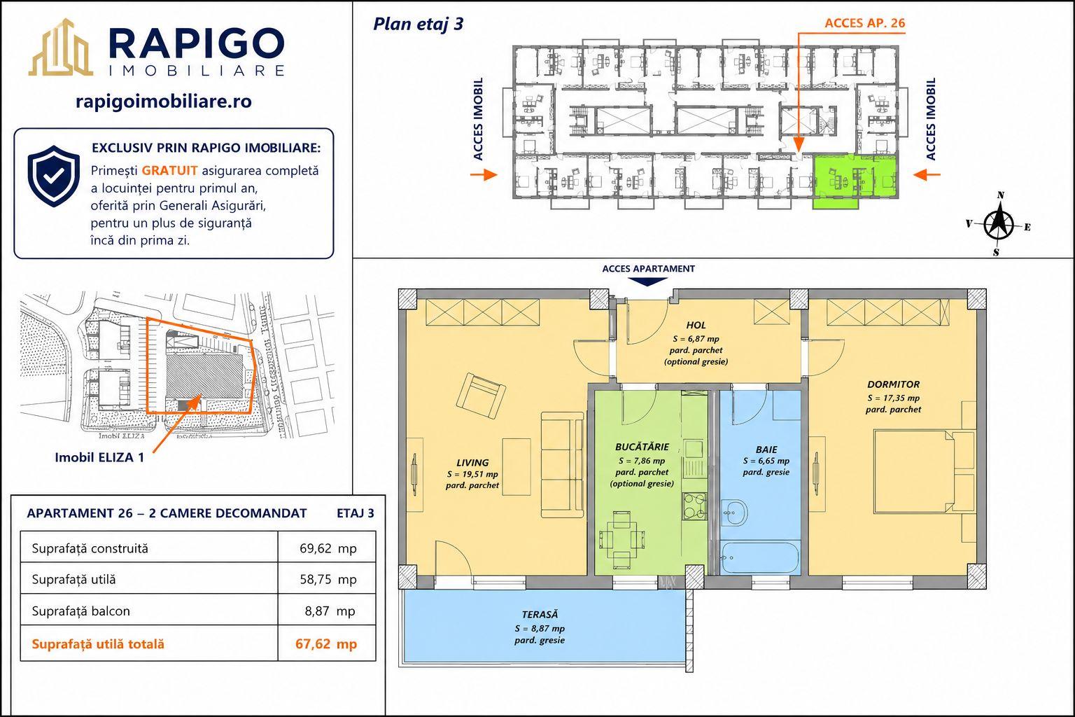 Apartamentul nr. 26 | 2 camere decomandat | Etaj 3 | Terasă 8,87 mp | - 1