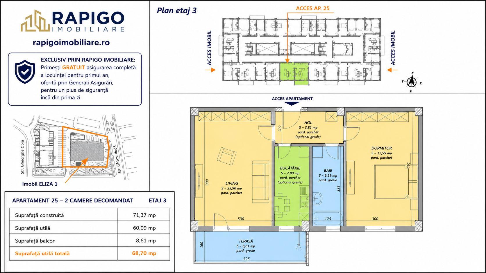 Apartamentul nr. 25 | 2 camere decomandat | Etaj 3 | Terasă 8,61 mp | - 1