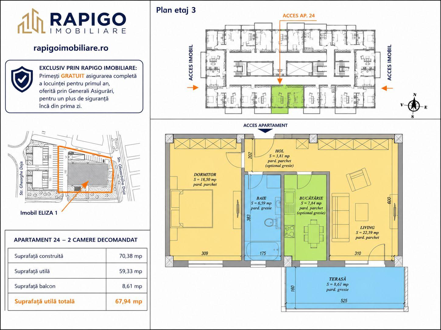 Apartamentul nr. 24 | 2 camere decomandat | Etaj 3 | Terasă 8,61 mp | - 1