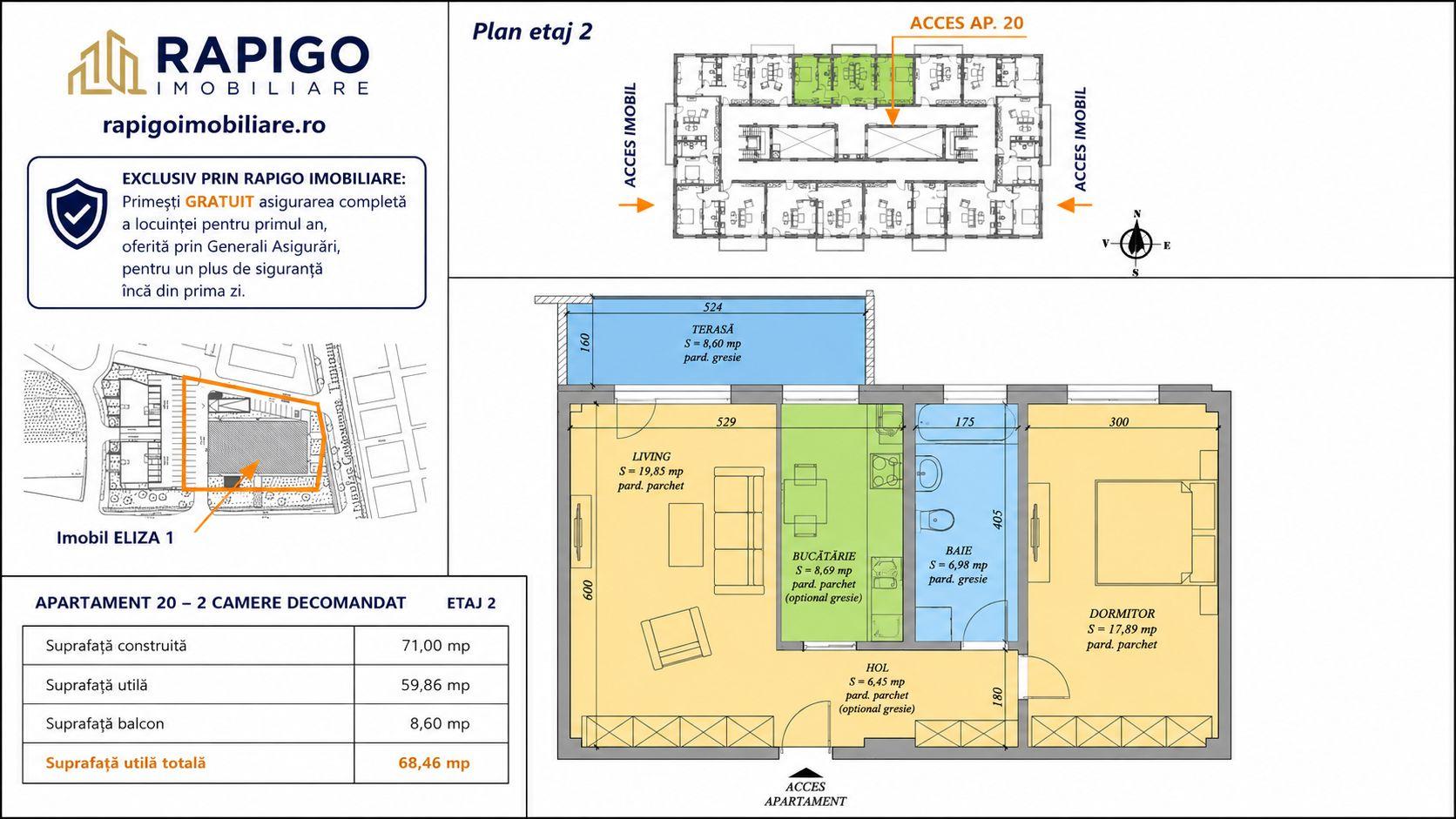 Apartamentul nr. 20 | 2 camere decomandat | Etaj 2 | Terasă 8,60 mp | - 1