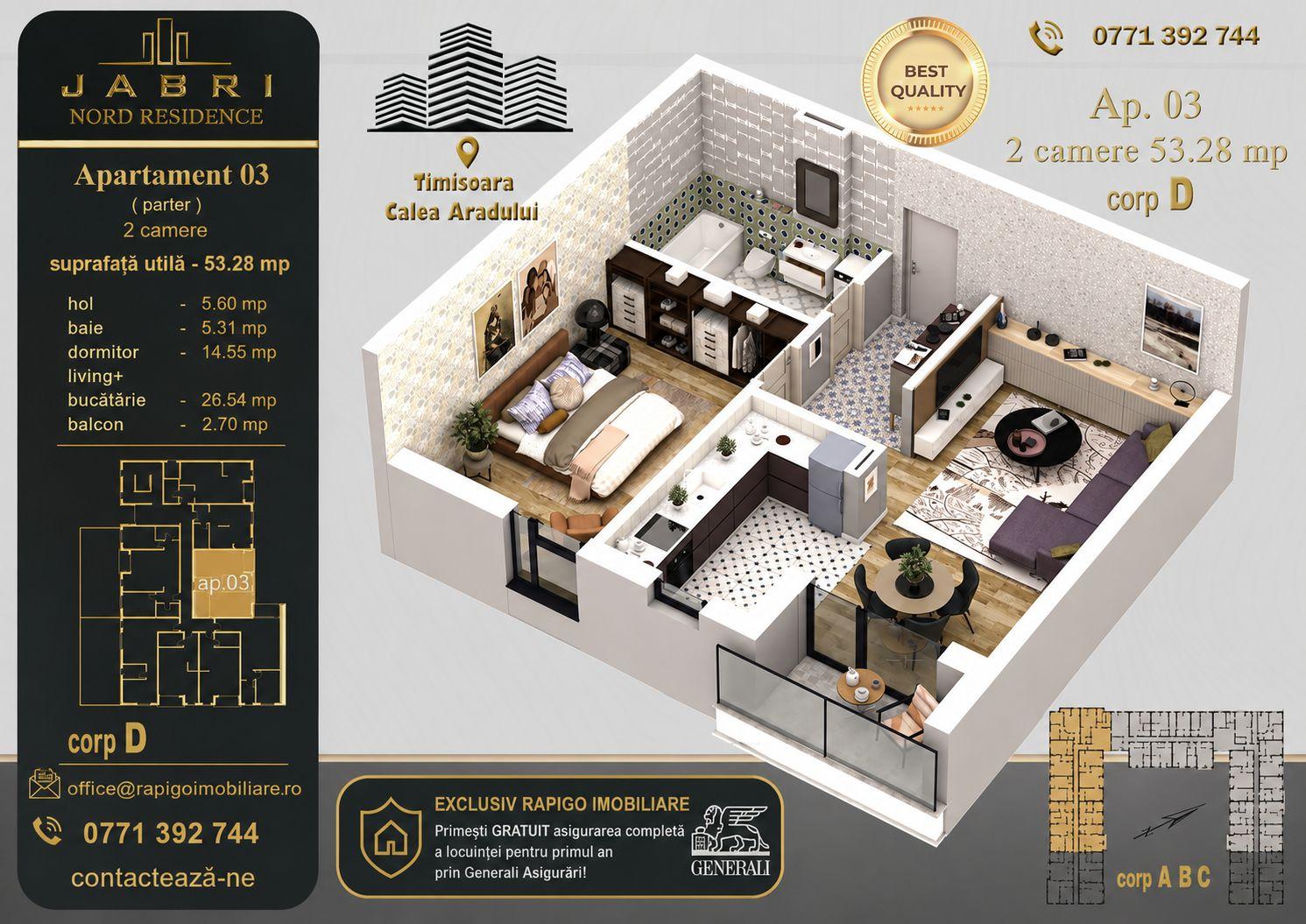 Apartament 03D, Corp D – 2 camere | 53,28 mp | Jabri Nord Residence - 1
