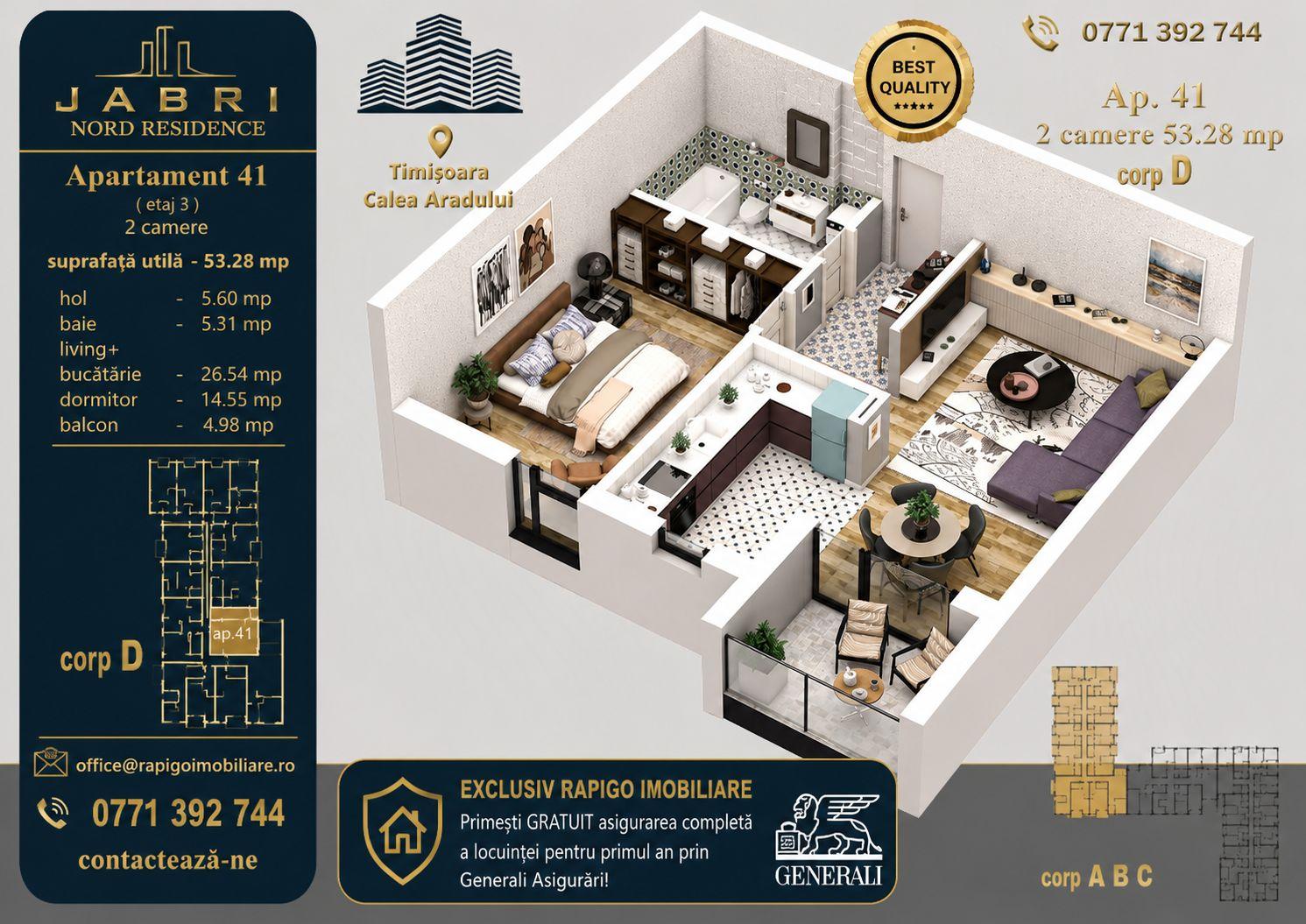 Apartament 41, Corp D – 2 camere | 53,28 mp | Etaj 3 | Jabri Nord Resi - 1