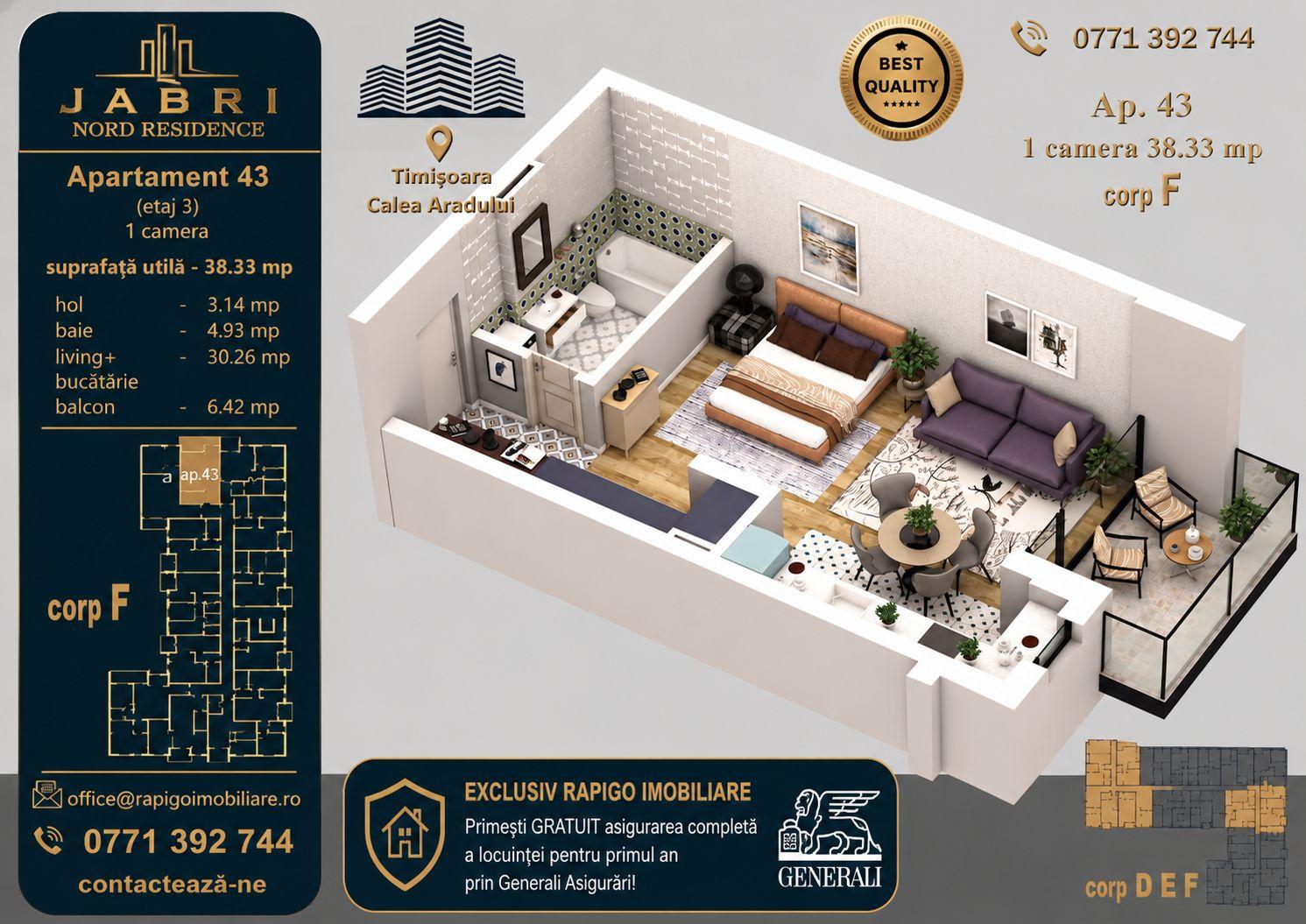 Apartament 43, Corp F – Studio | 38,51 mp | Etaj 3 | Jabri Nord Reside - 1